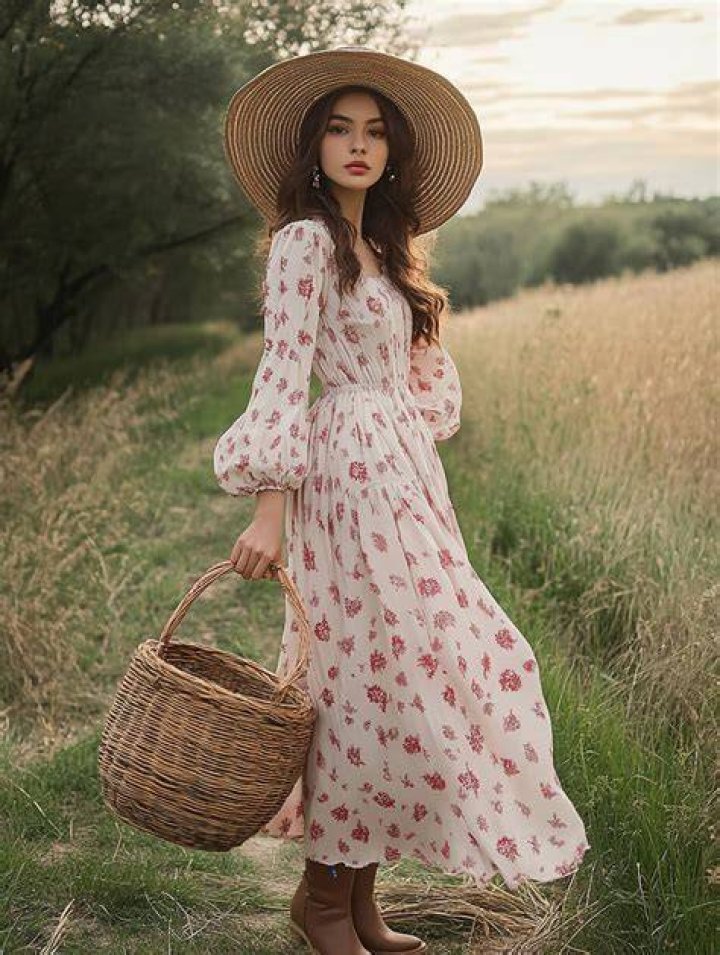 A soft cottagecore dress with puff sleeves and floral print on a sunny day