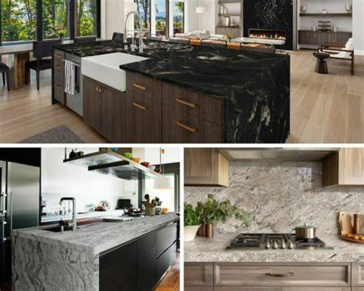 natural stone kitchen countertops with marble tile backsplash and warm wood cabinets in neutral kitchen design