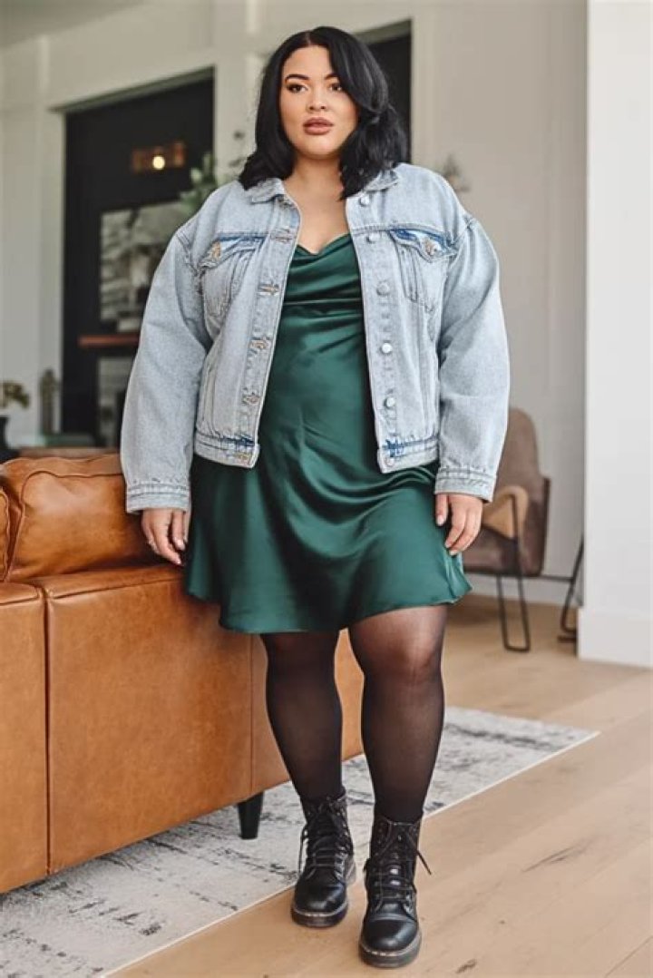 Plus size denim jacket over dress baseball game outfit