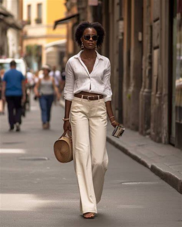 Woman in beige linen outfit standing by a pool